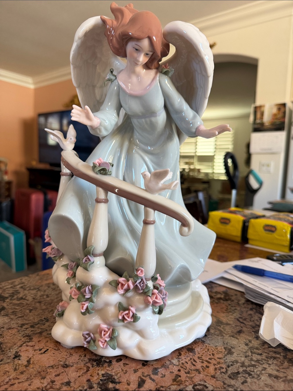 Porcelain Angel Figurine in Soft Pastel Blue and Pink - Home Art Decor